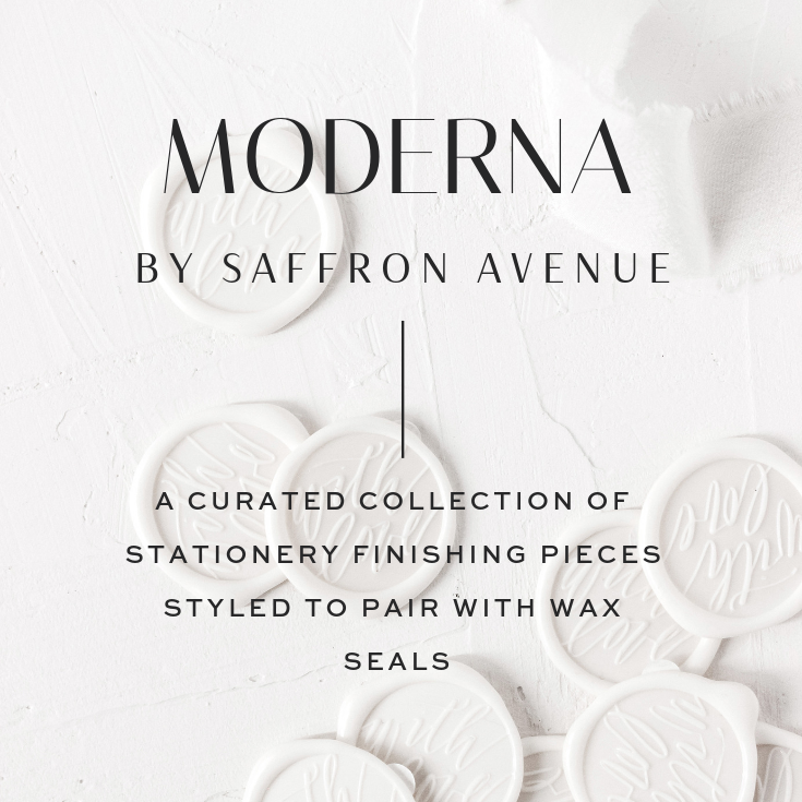 Moderna Collection is a curated collection of stationery finishing pieces, by featured designer Saffron Avenue for Artisaire, styled to pair with wax seals to complete your invitation suite. The new Finishing Shop at Artisaire includes all of your finishing needs from the envelope liner to the silk ribbon and signature wax seals.