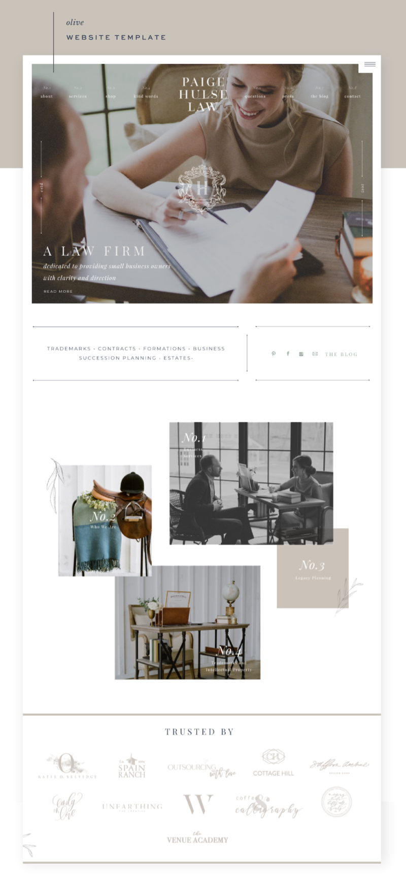 Olive Showit Template Transformation for Paige Hulse Law | Home Page Website Design