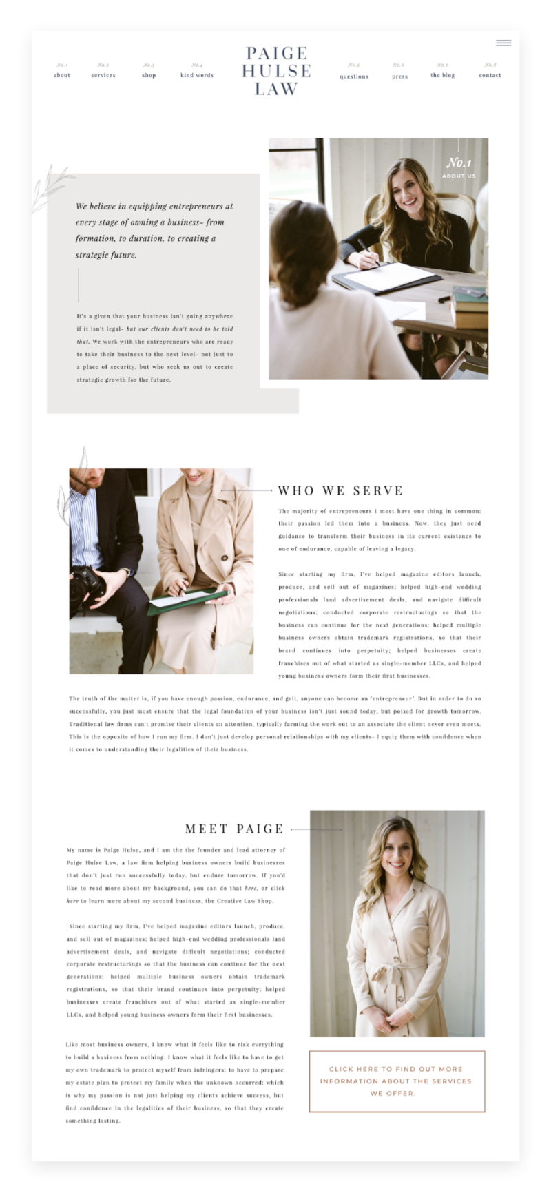 Olive Showit Template Transformation for Paige Hulse Law | About Us