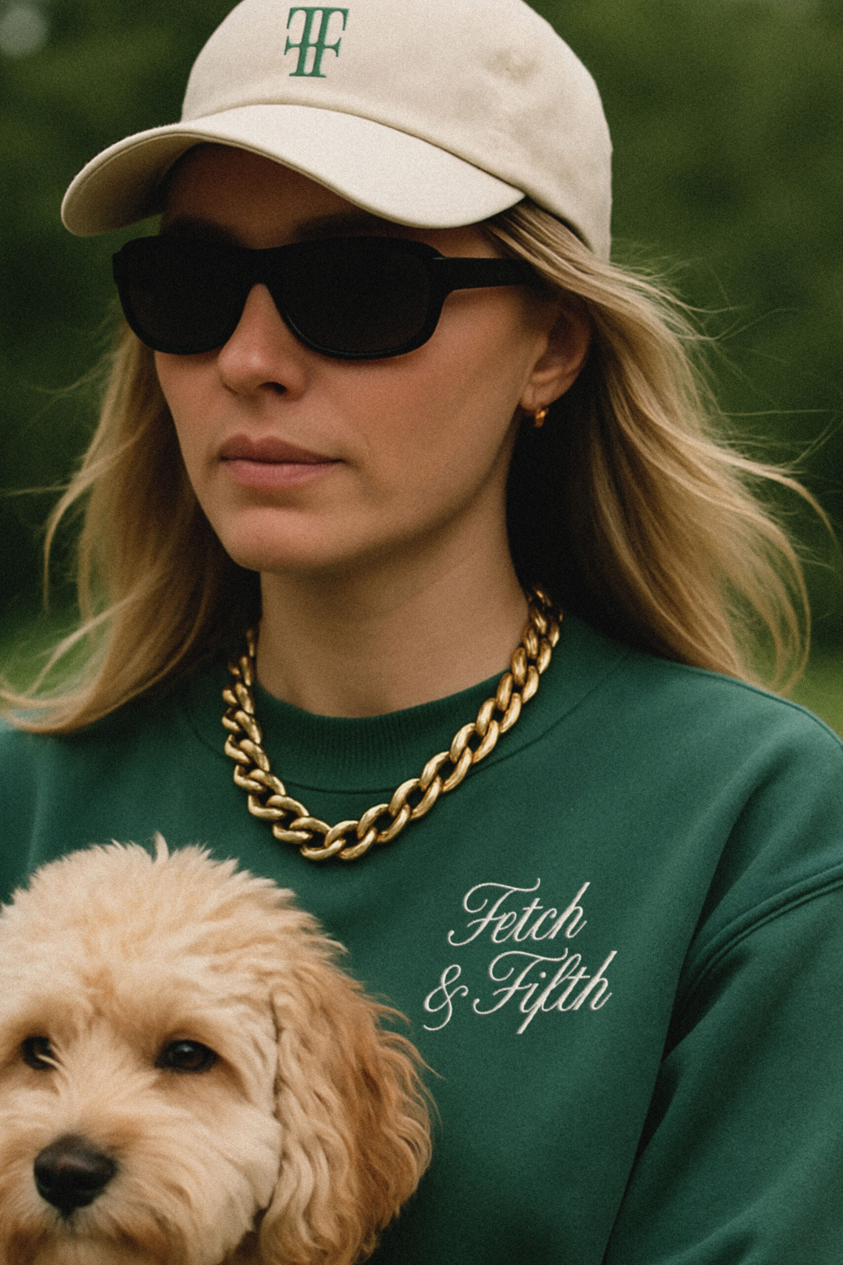 Lifestyle branding photo featuring apparel design by brand identity designer for Fetch & Fifth luxury pet brand