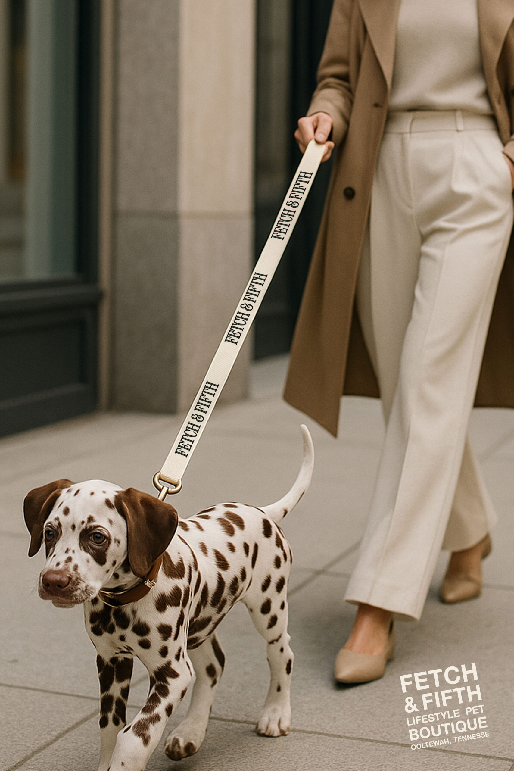 Lifestyle branding photo featuring custom dog leash designed by brand identity designer for Fetch & Fifth luxury pet brand