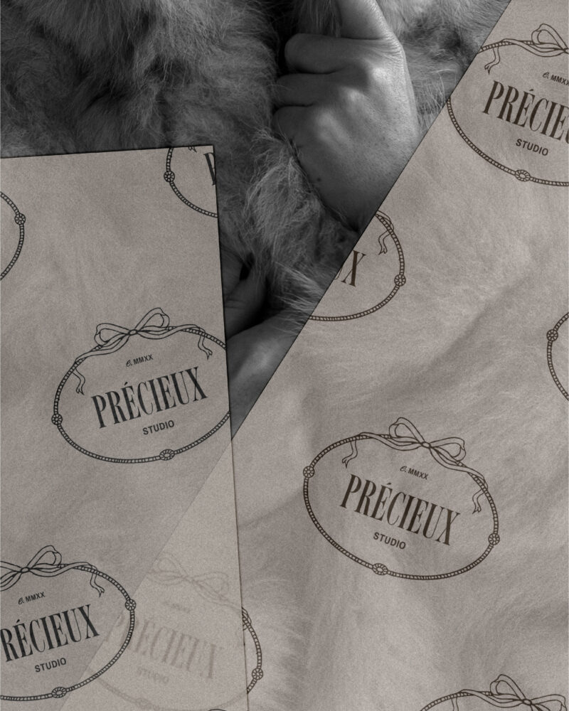 Custom packaging tissue paper design created by brand identity designer for Précieux Studio
